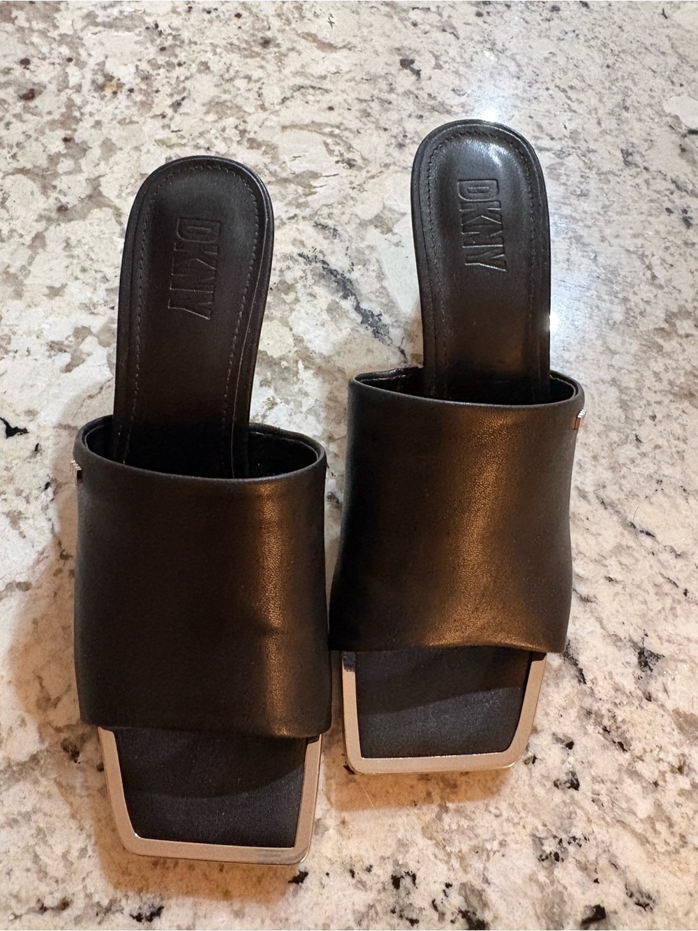 DKNY Black Square-Toe Slide Sandals with Silver Trim